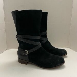Ugg Boots Deanna Suede Leather Burnished  Buckles Straps Sheepskin Footbed Black